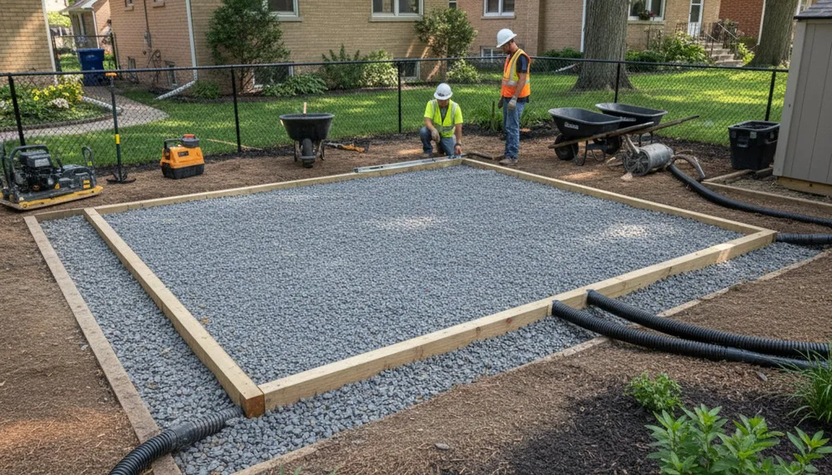 Professional shed base preparation with level gravel foundation in Chicago, IL landscaping project