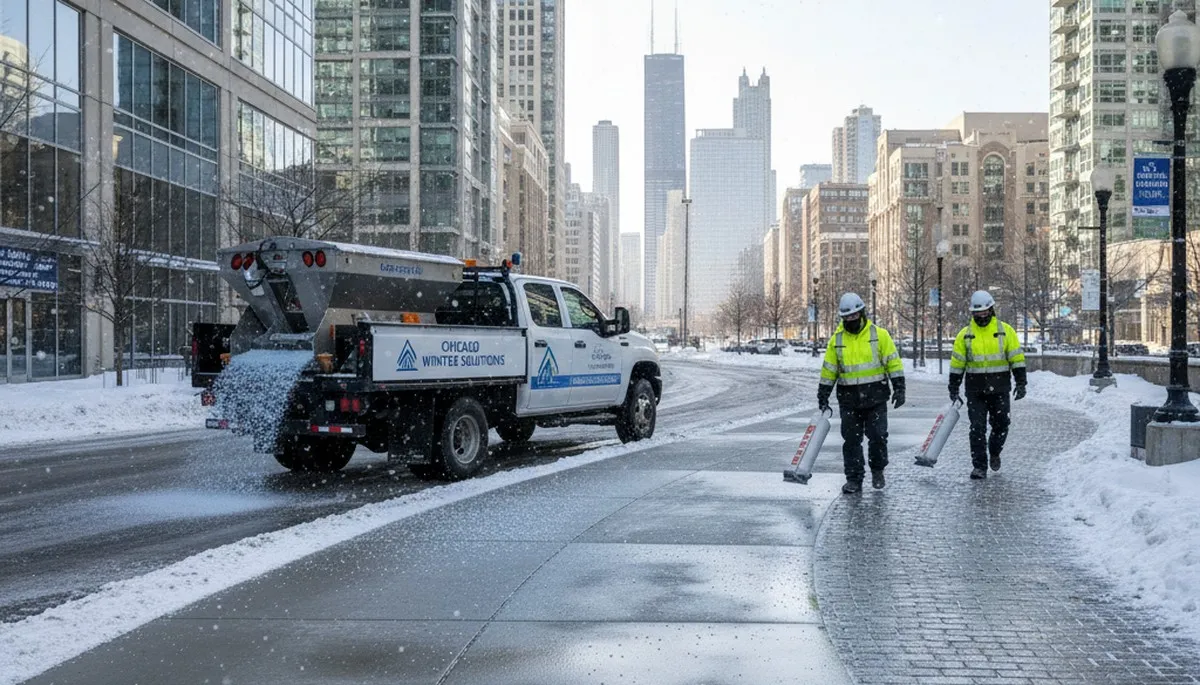 Professional de-icing and salt treatment for safe winter surfaces by landscapers in Chicago, IL